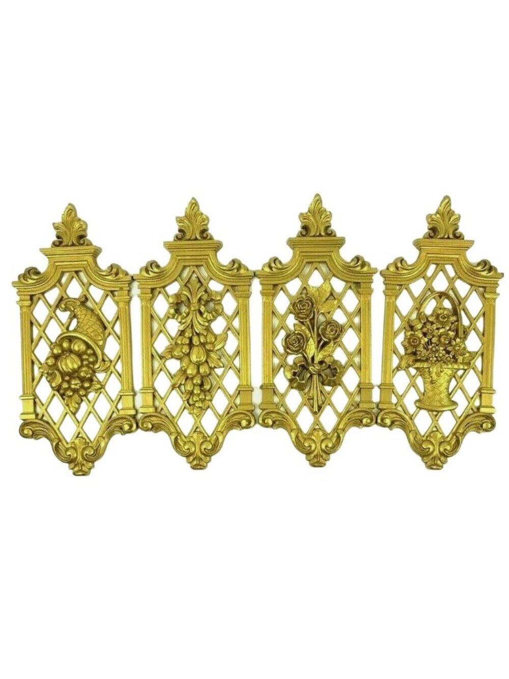 Vintage Dart Syroco 1971 Gold Plastic Wall Plaques Set Of 4 Floral Fruit 14x6
